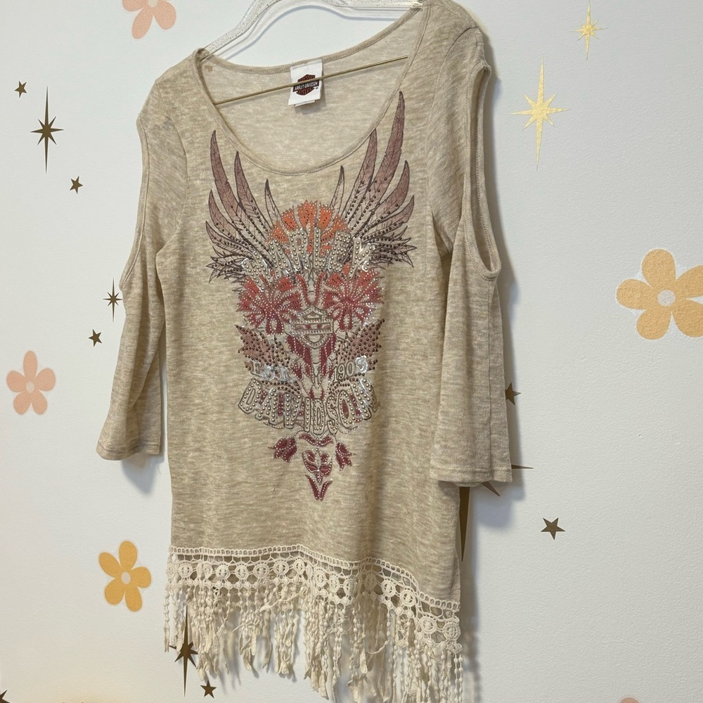 Harley Davidson Fringe Hem Cold Shoulder Top